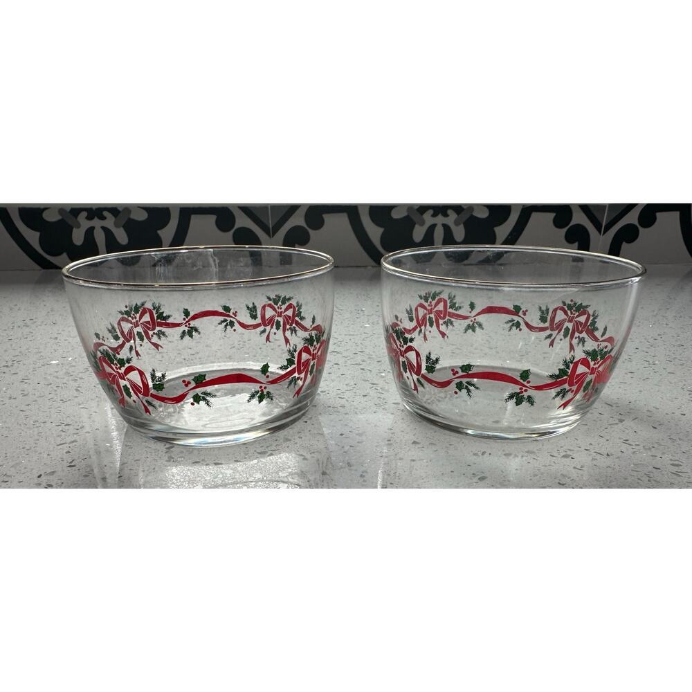 2 VTG Glass Ribbon Holly & Berry Pattern 4 1/4" Bowl w/ Gold Rim Open Candy Dish